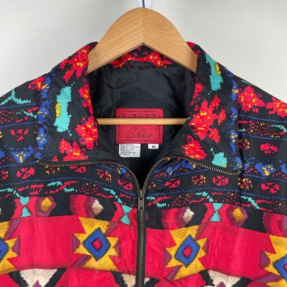 Vintage East West Silks Aztec Print Silk Bomber Jacket Womens Medium - Picture 5 of 7